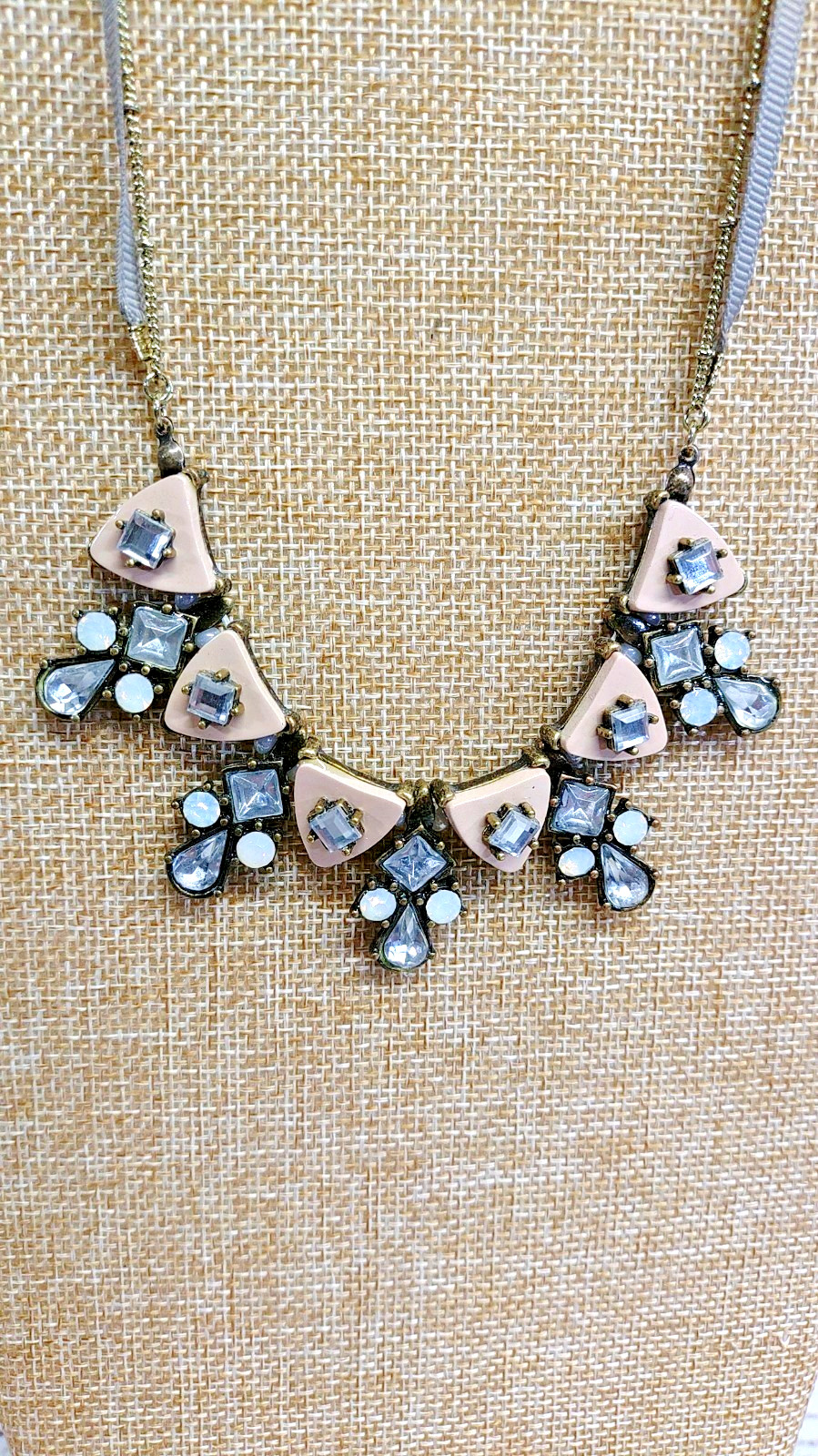 Vintage Liz Claiborne Pink Rhinestone Bib Statement Necklace 18″ Cord Chain