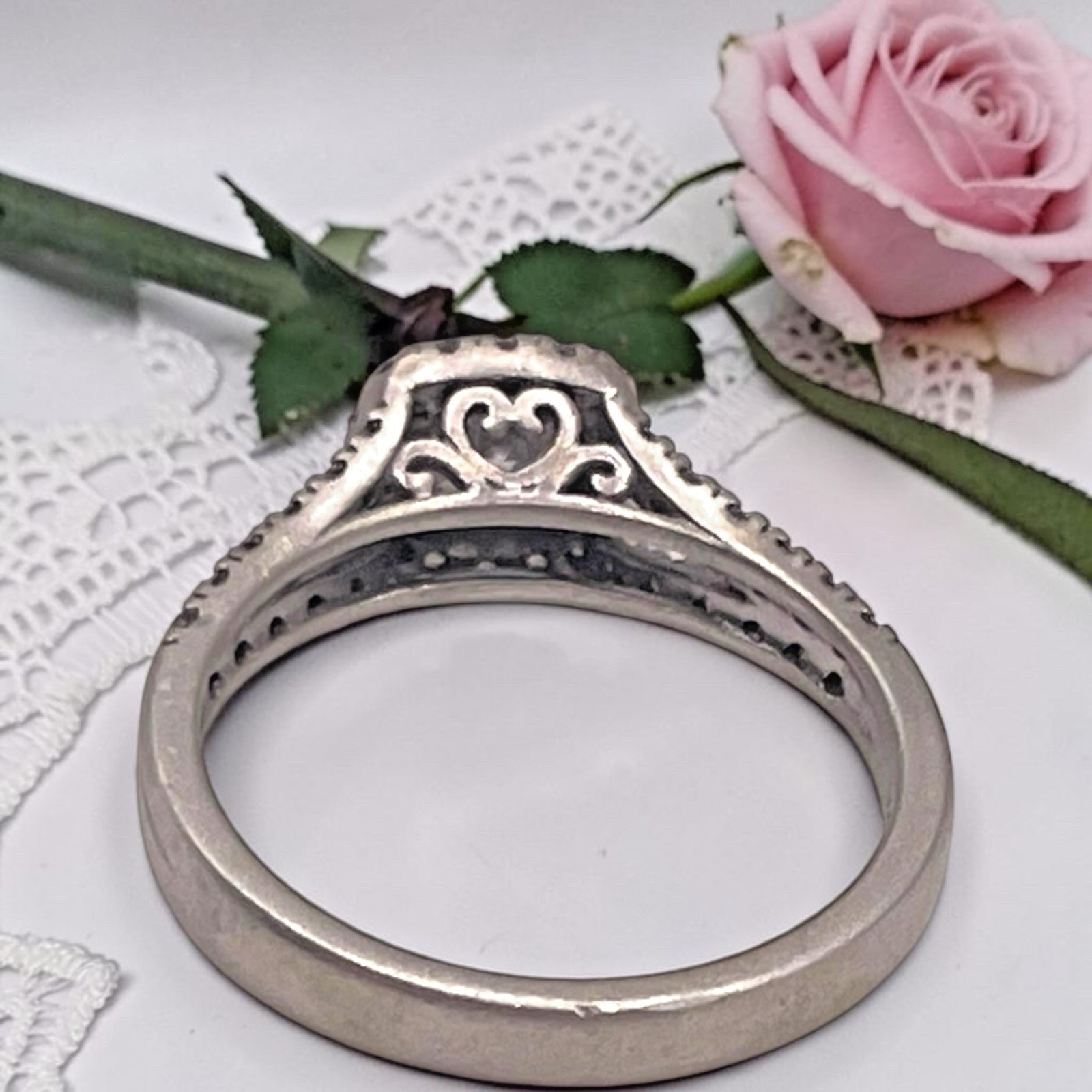 Vintage EC 925 Sterling Silver CZ Halo Accent Split Shank Ring, size 7
