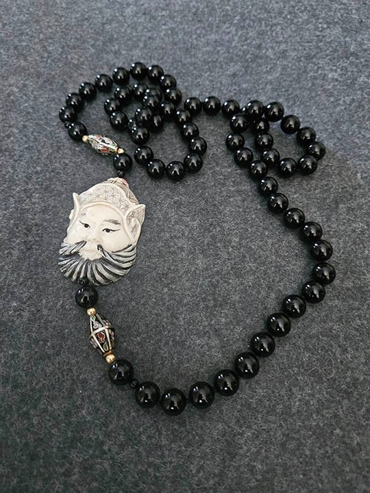 Vintage Japanese Men-Netsuke Mask Statement Necklace – Cloisonné Accents