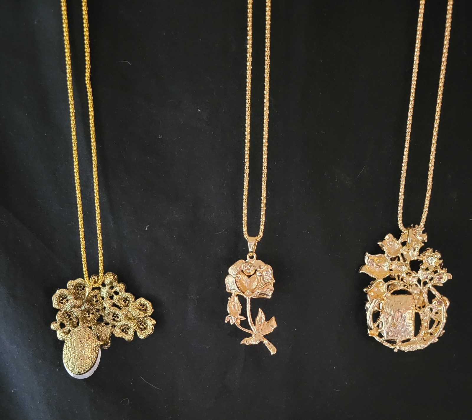 Lot of 3 Vintage Style Statement Necklaces 28″ Gold Tone Floral Rhinestone Pearl