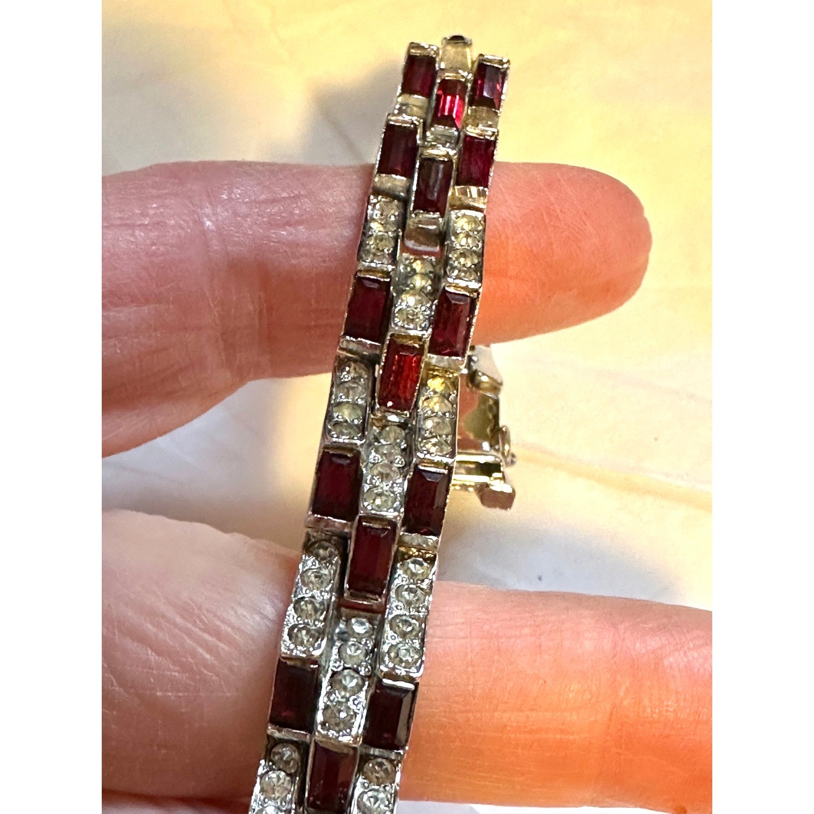 1950’s Mazer Bracelet Silver Tone w/ Red & Clear Rhinestones