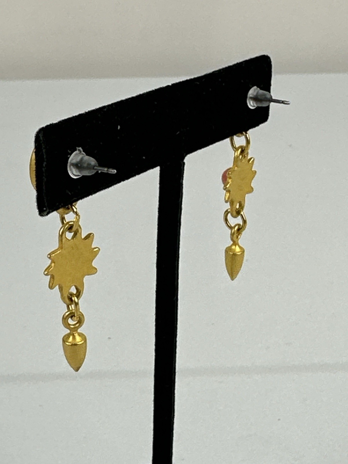Vintage Brushed Gold-tone Stud Dangle Earrings Red Pink Stones