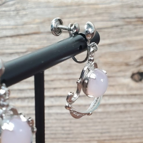 Vintage Sorrento Sterling Silver Screw Back Oval Rose Cabochon Dangle Earring