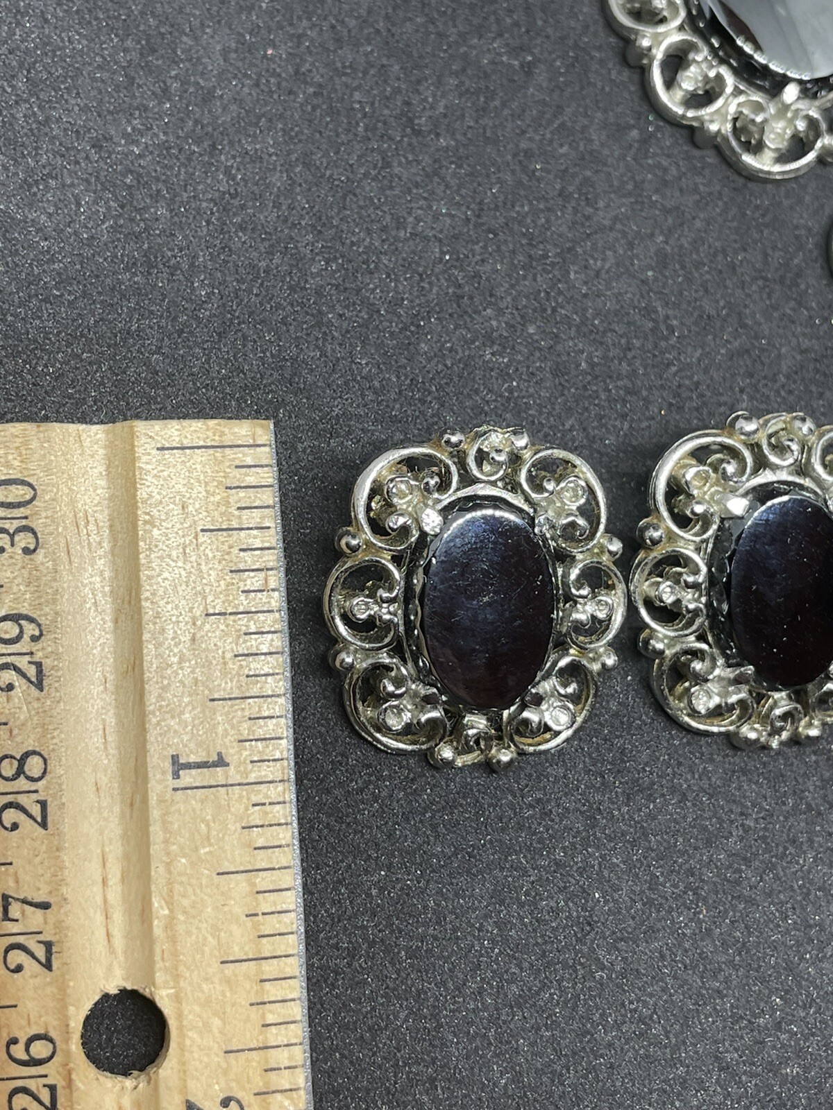 Vintage set clip on earrings/bracelet Silver Tone Dark Grey Stone Security Chain