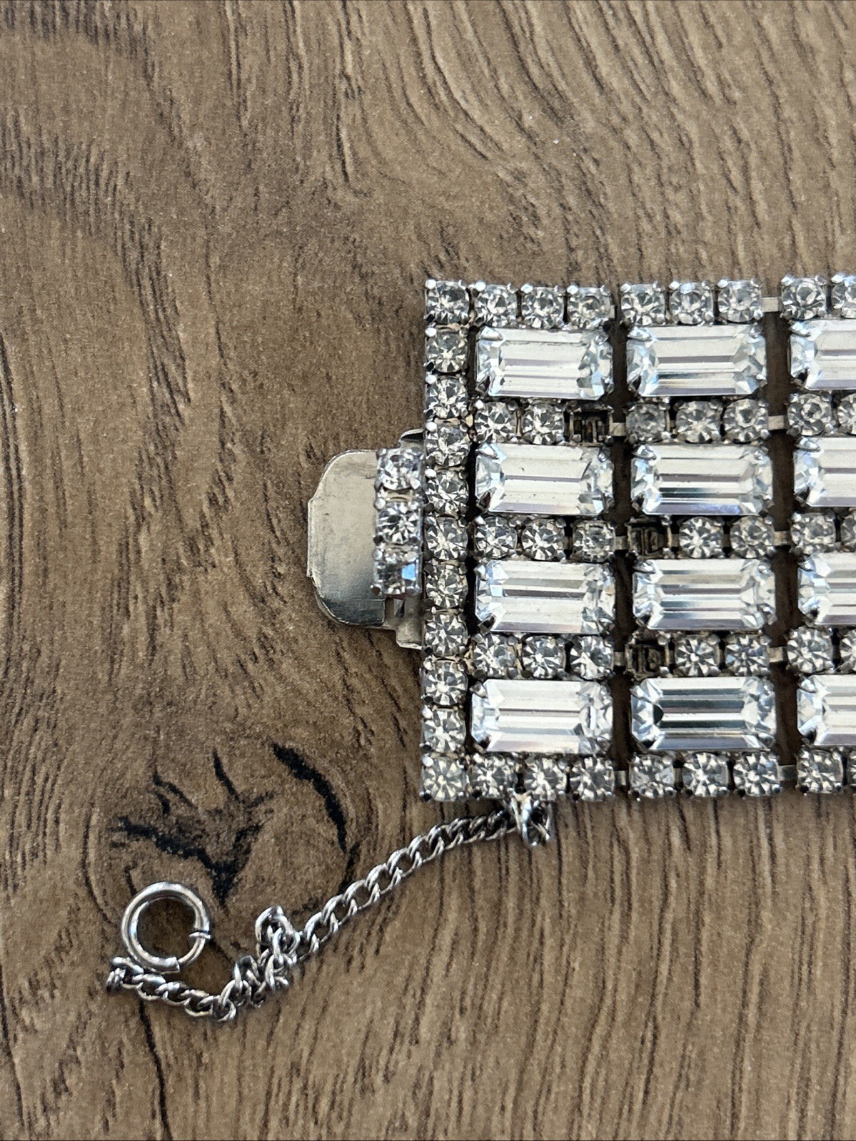 Vtg Wide Rhinestone Bracelet Multiple Rows Baguette & Round Cut Stones