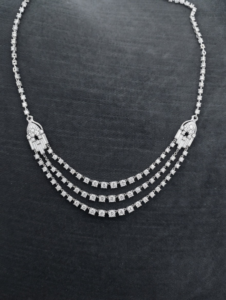 Vintage 925 Sterling Silver Art Deco Multi-Strand Crystal Rhinestone Necklace