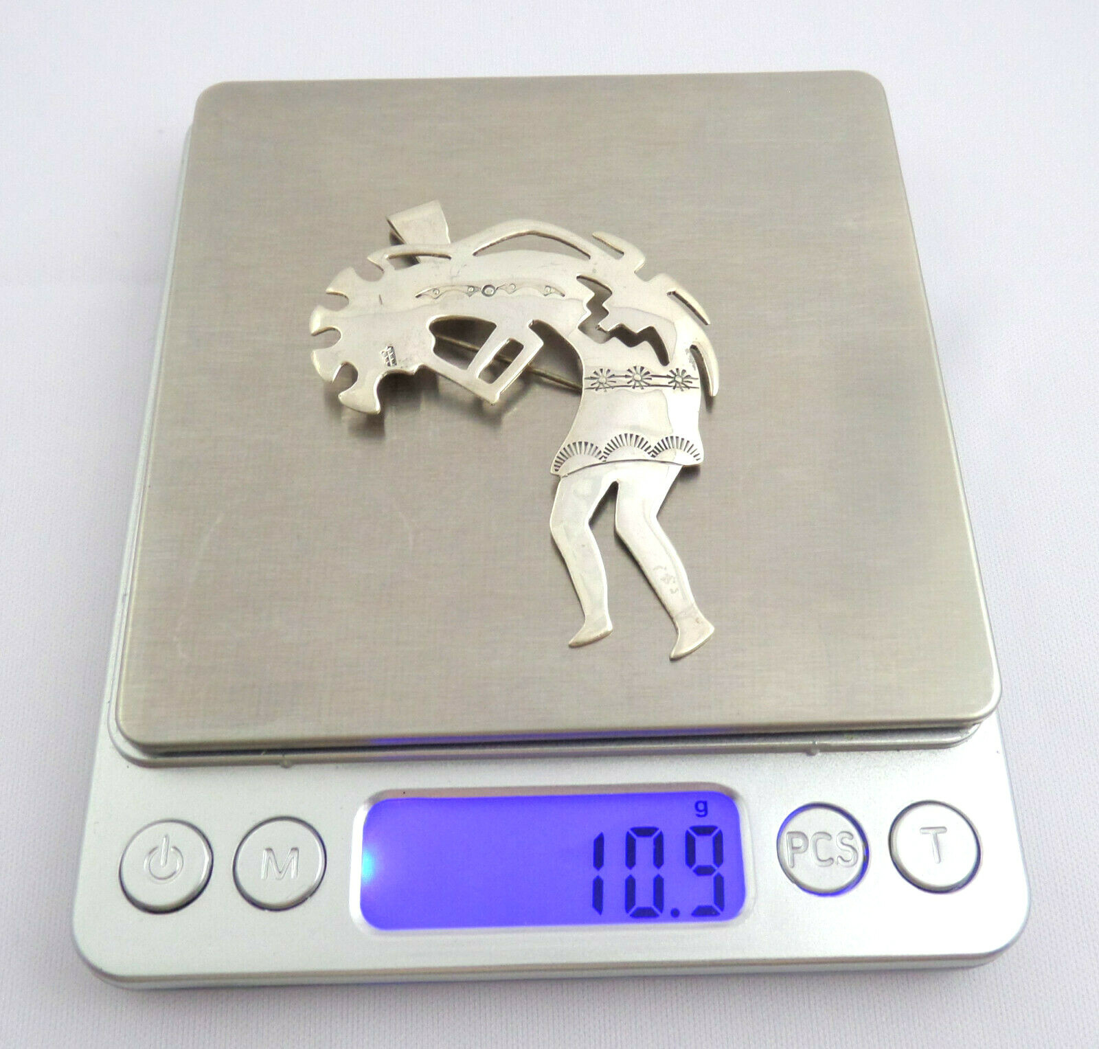 VTG Native Sterling Kokopelli Brooch – Pendant 2.5” Long Signed OMMY 10.9 Grams