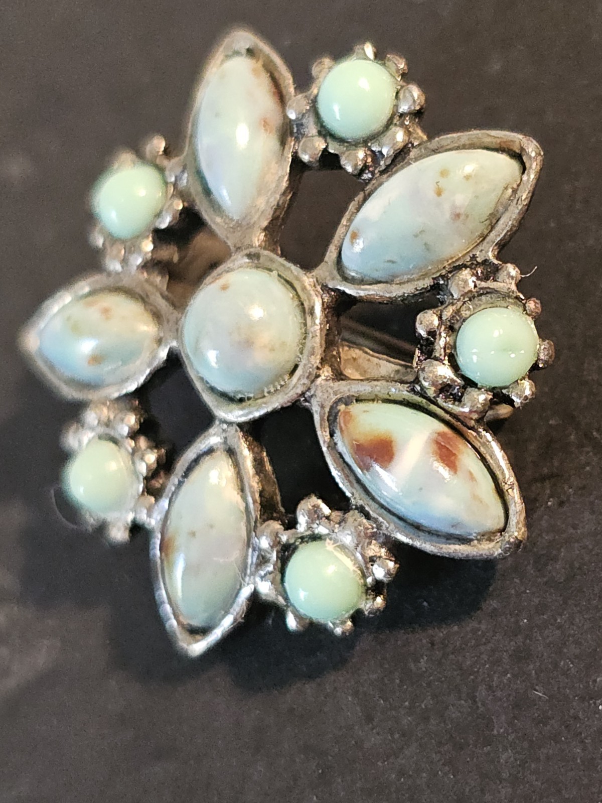 Vintage Star Flower Brooch Turquoise Look Silver Tone Pin Mexican Style Unsigned