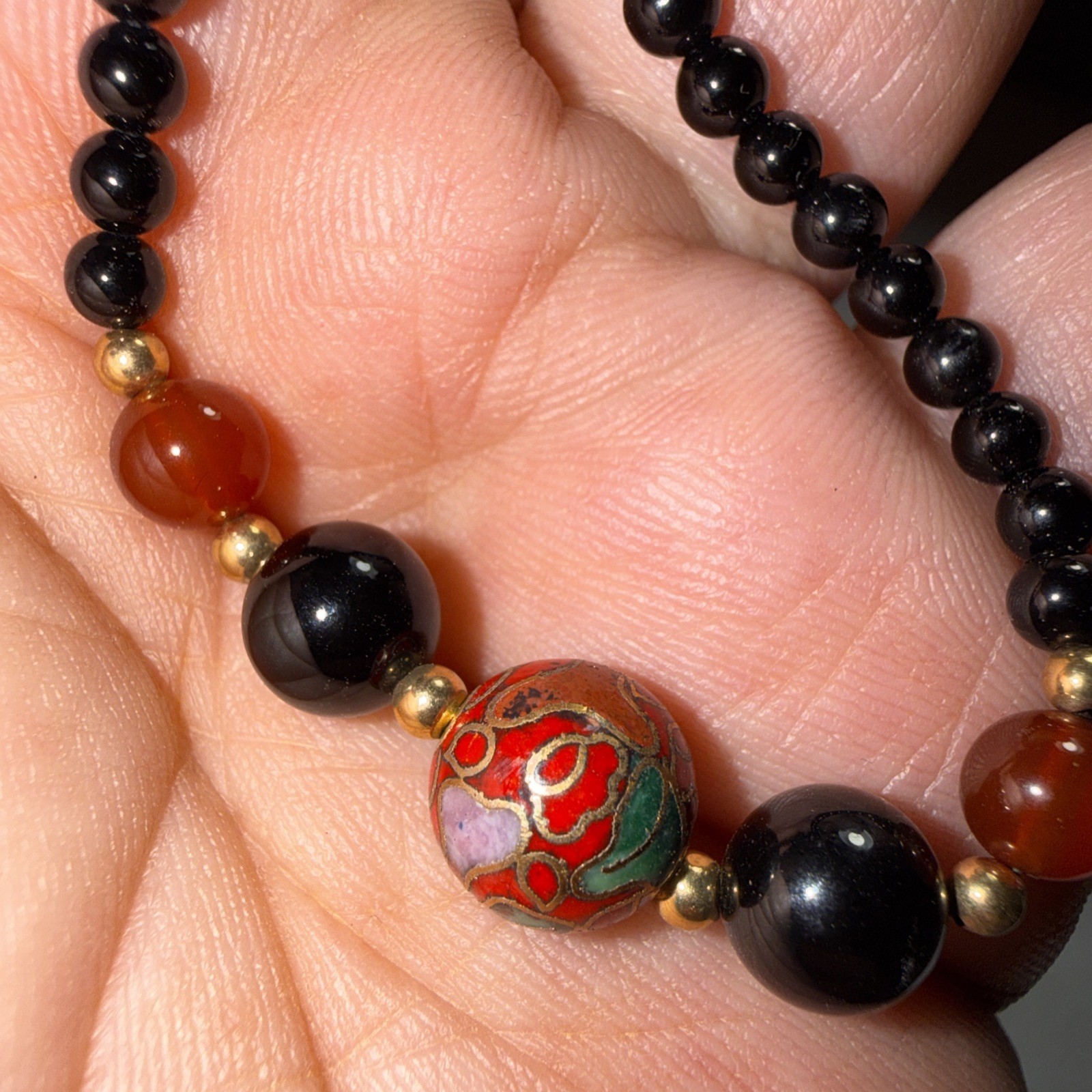 14k Gold Bracelet Black Coral Cloisonne Vintage Unused 6.75” Biggest Bead 10mm