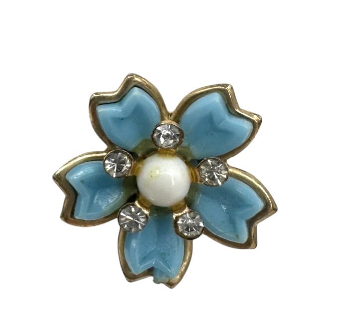 Vintage Blue Flower Screw Back Earrings Silver Tone Faux Pearl Rhinestone