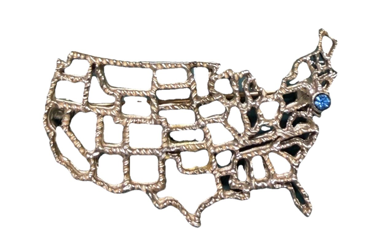 Vintage Goldish Tone USA Map Brooch Blue Rhinestone Patriotic United States Pin