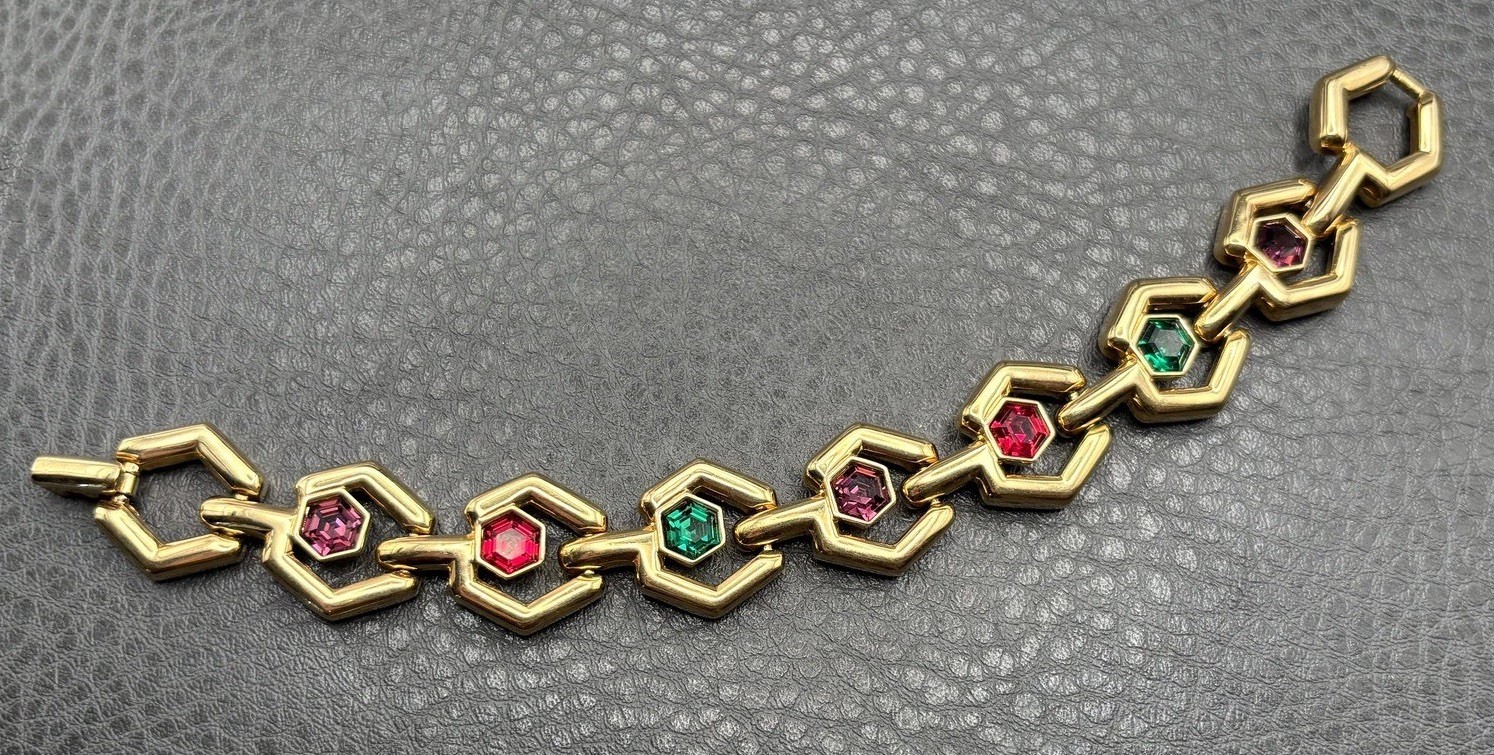 VTG 80s SWAROVSKI SWAN Gold Tone Hexagon Link Bracelet Green Purple Red Crystal