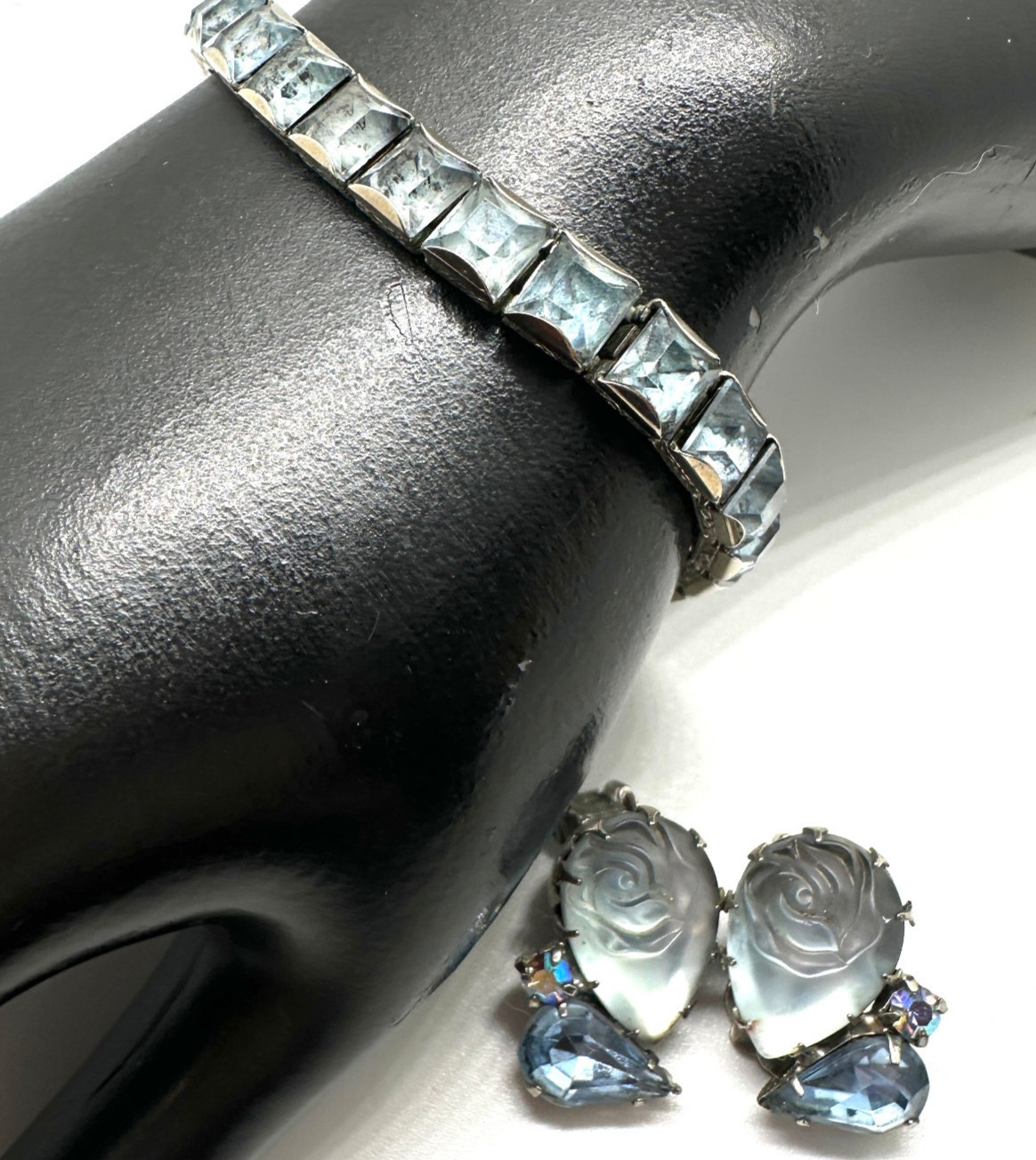 Vtg Light Blue Sapphire Pressed Glass Rose Earrings & Square Stone Bracelet 7″