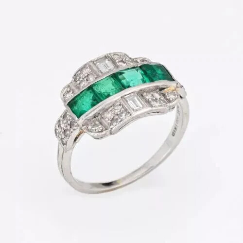 Art Deco Style Green Emerald Lab-Created Diamond Wedding 14K White Gold FN Ring