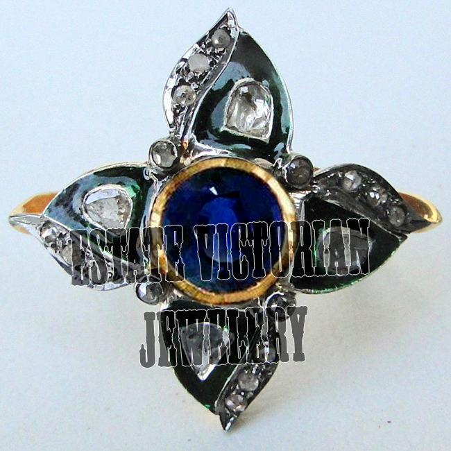 1.51Ctw Rose Antique Cut Diamond Sapphire Enamel Silver Victorian Ring Jewelry