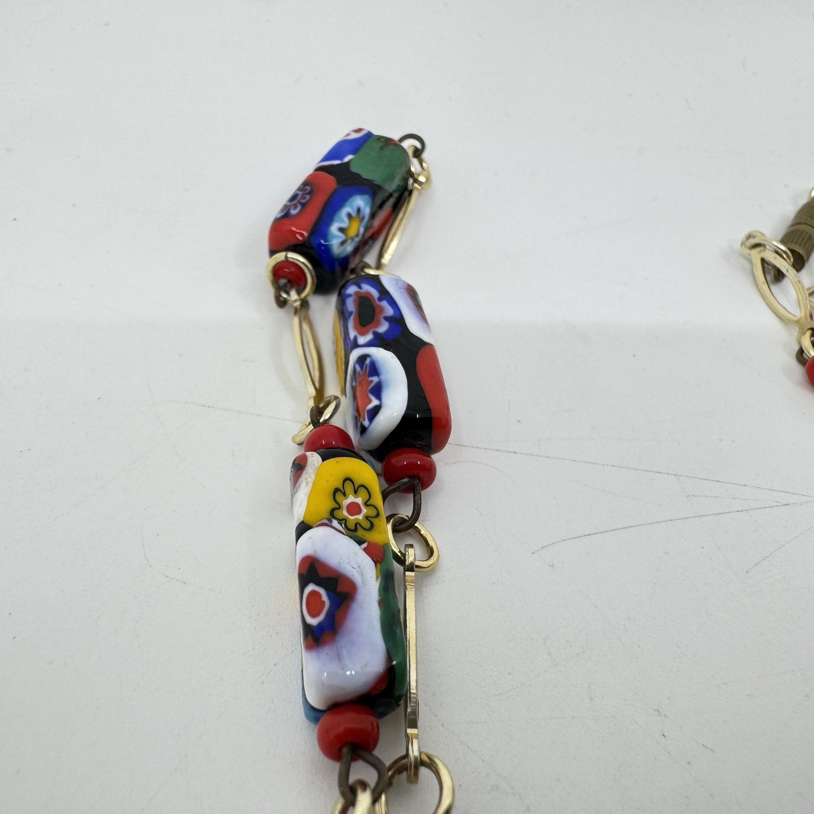 Vintage Millefiori Rectangle Glass Bead Necklace Gold Tone 29”