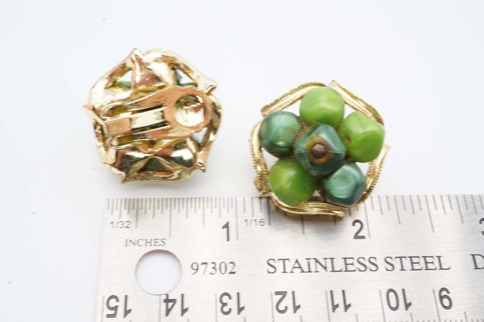 Vintage Clip On Earrings Gold Tone Green Stone