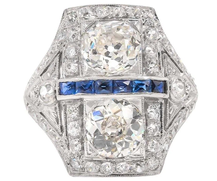 Art Deco Style 3Ct Lab Created Diamond &Sapphire Halo 14K White Gold Finish Ring