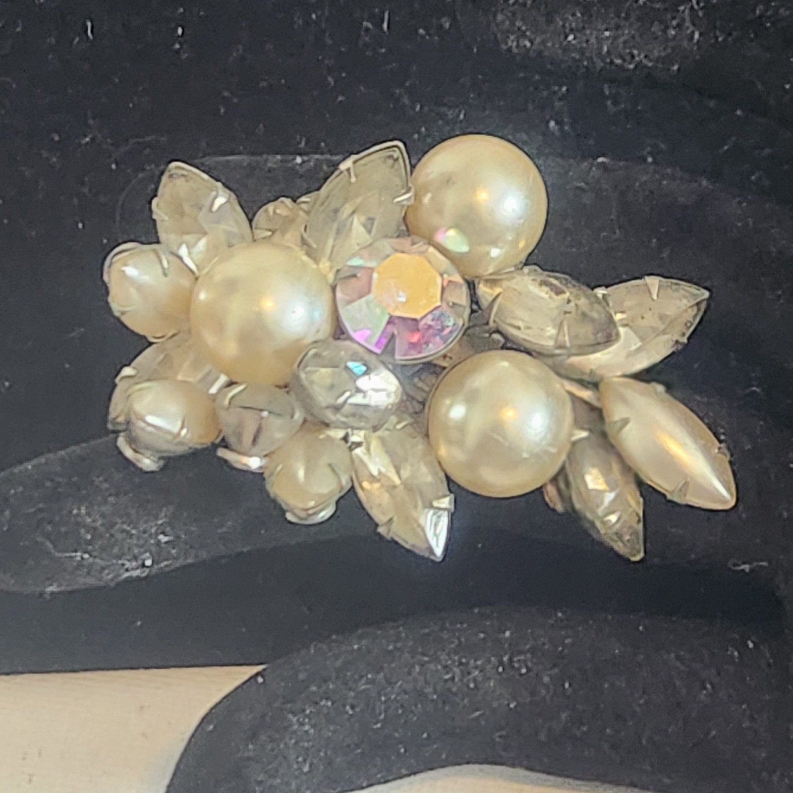 Vintage Aurora Borealis Rhinestone and Faux Pearl Cluster Clip On Earring Brooch