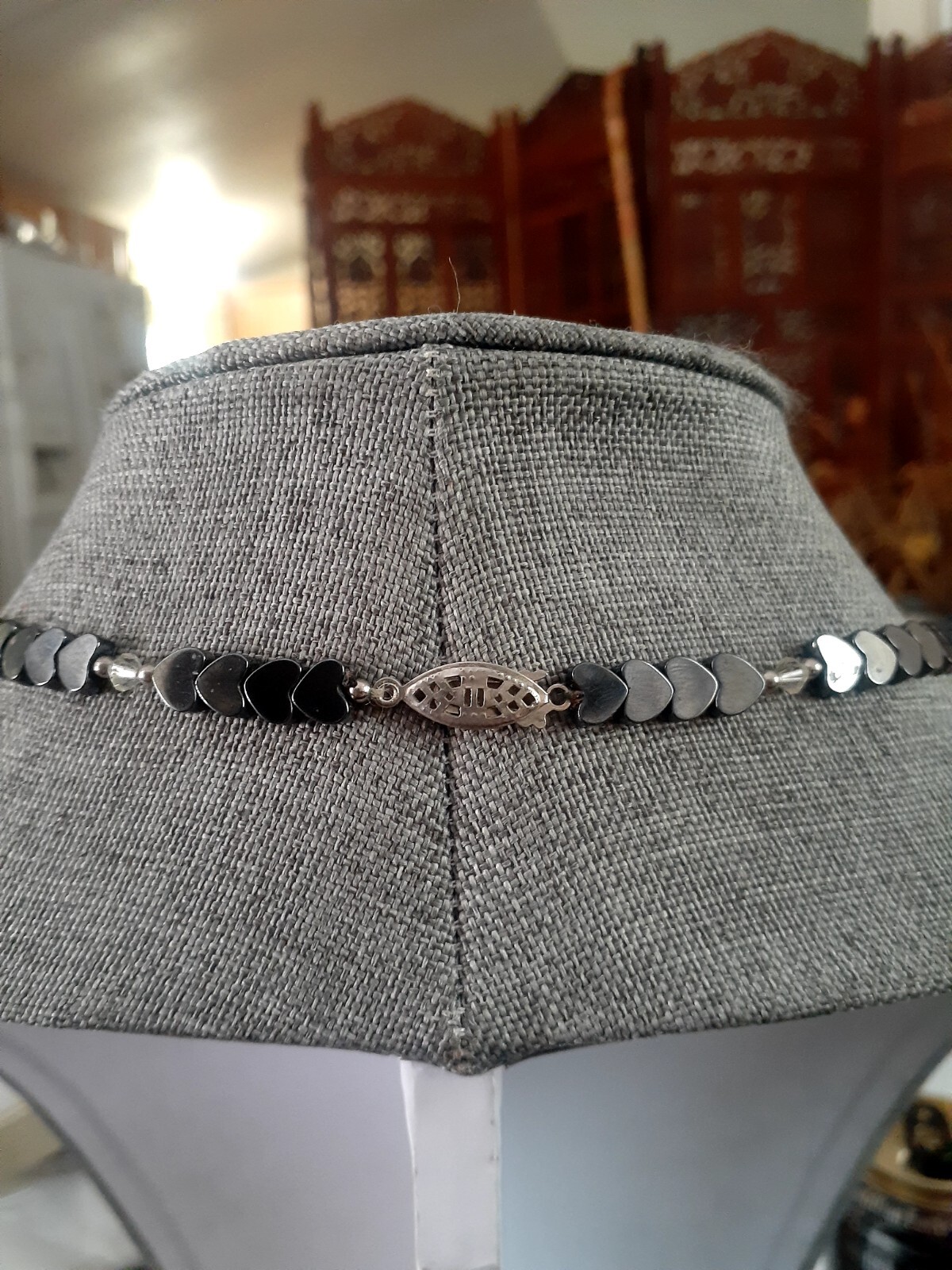 Hematite Heart shaped Bead Necklace with Clear Crystal Station Necklace 18″