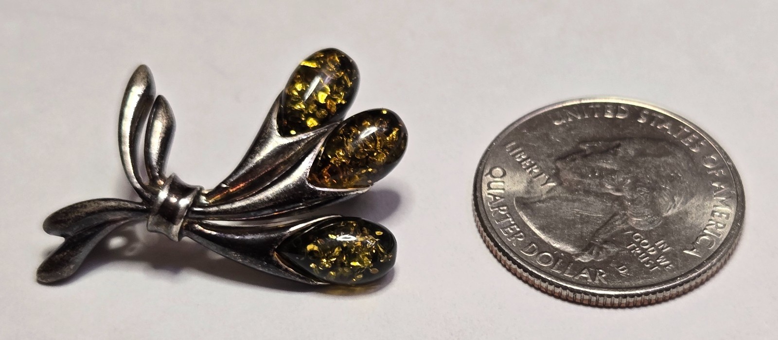 Vintage Signed Green Natural Amber Pin / Brooch, Sterling Silver, Latvia