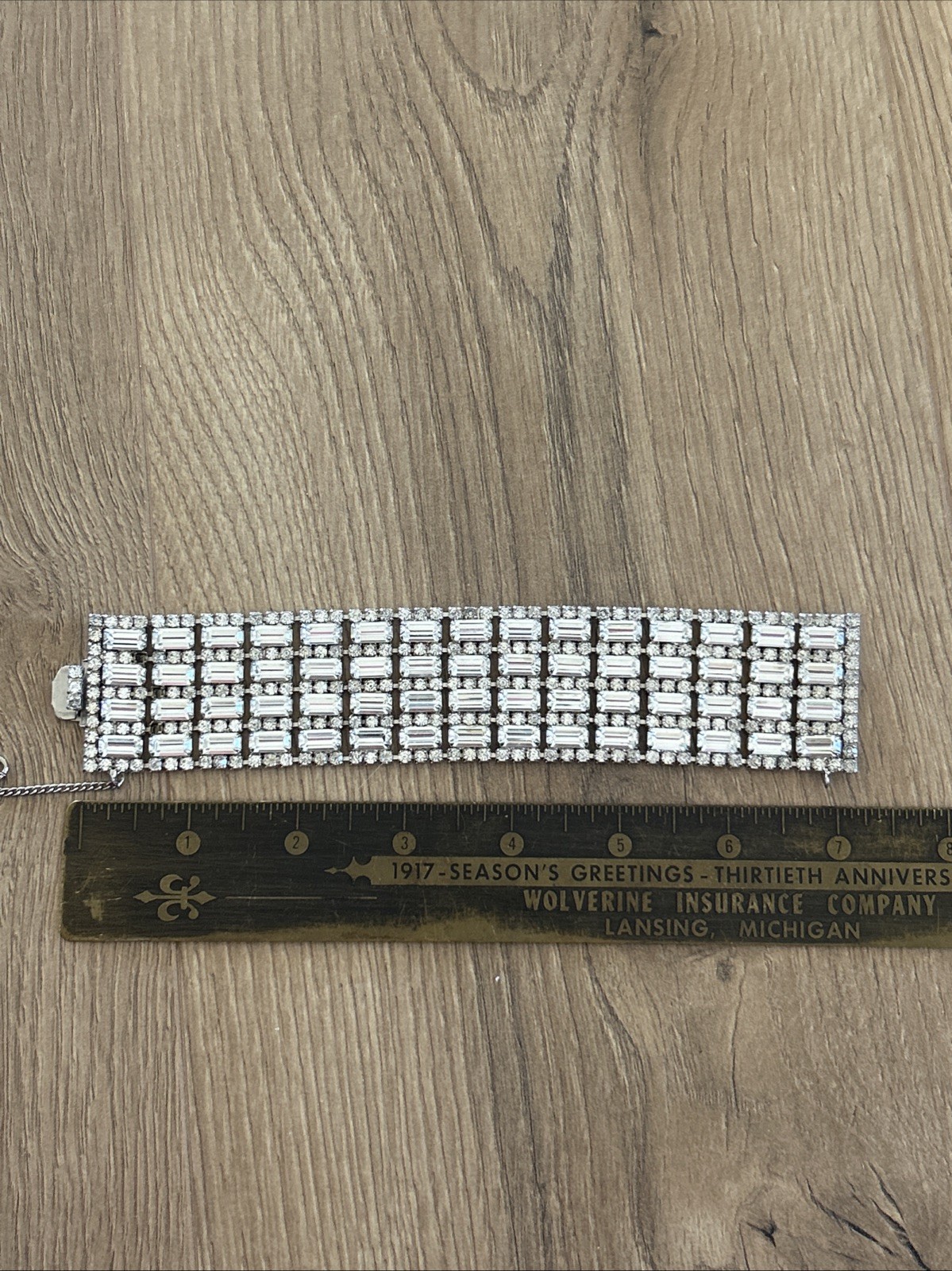 Vtg Wide Rhinestone Bracelet Multiple Rows Baguette & Round Cut Stones