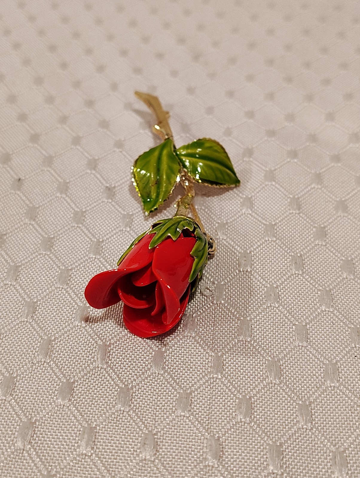 Vintage Enamel Red Rosebud Gold Stem Green Leaves Brooch Pin 3″ Long