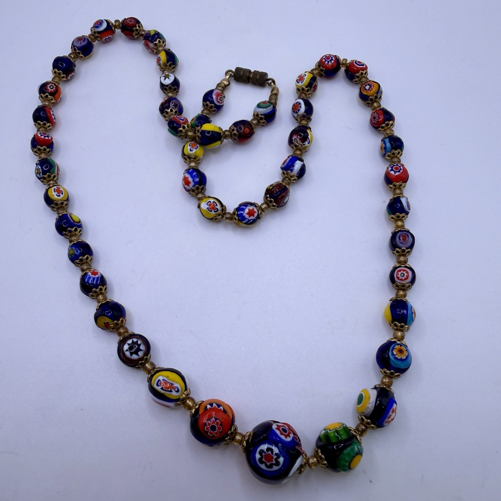 Vtg Italy Venetian Murano Millefiori Knotted Graduated Glass Bead Necklace 25 In