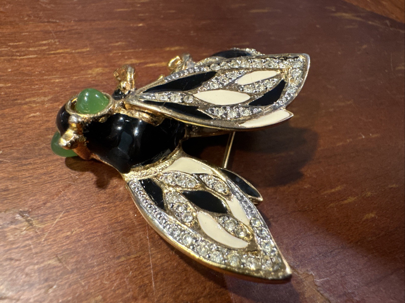 Vintage Kenneth J Lane Bee Brooch Black & White Enamel, Crystals, Green cabochon