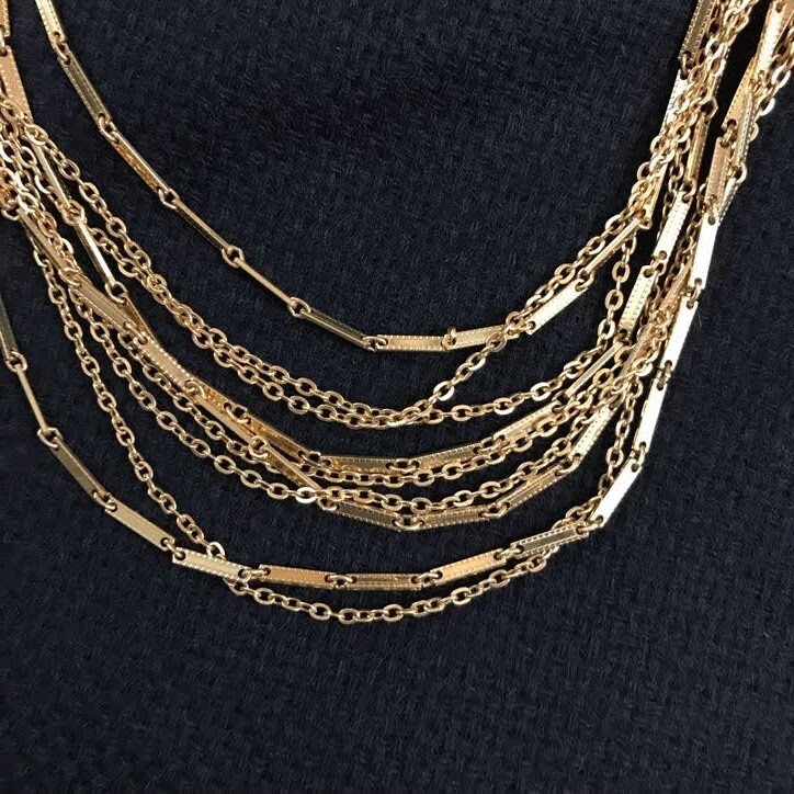 Vintage Gold Tone Mixed Chain Multi-Strand Layered Statement Choker Retro