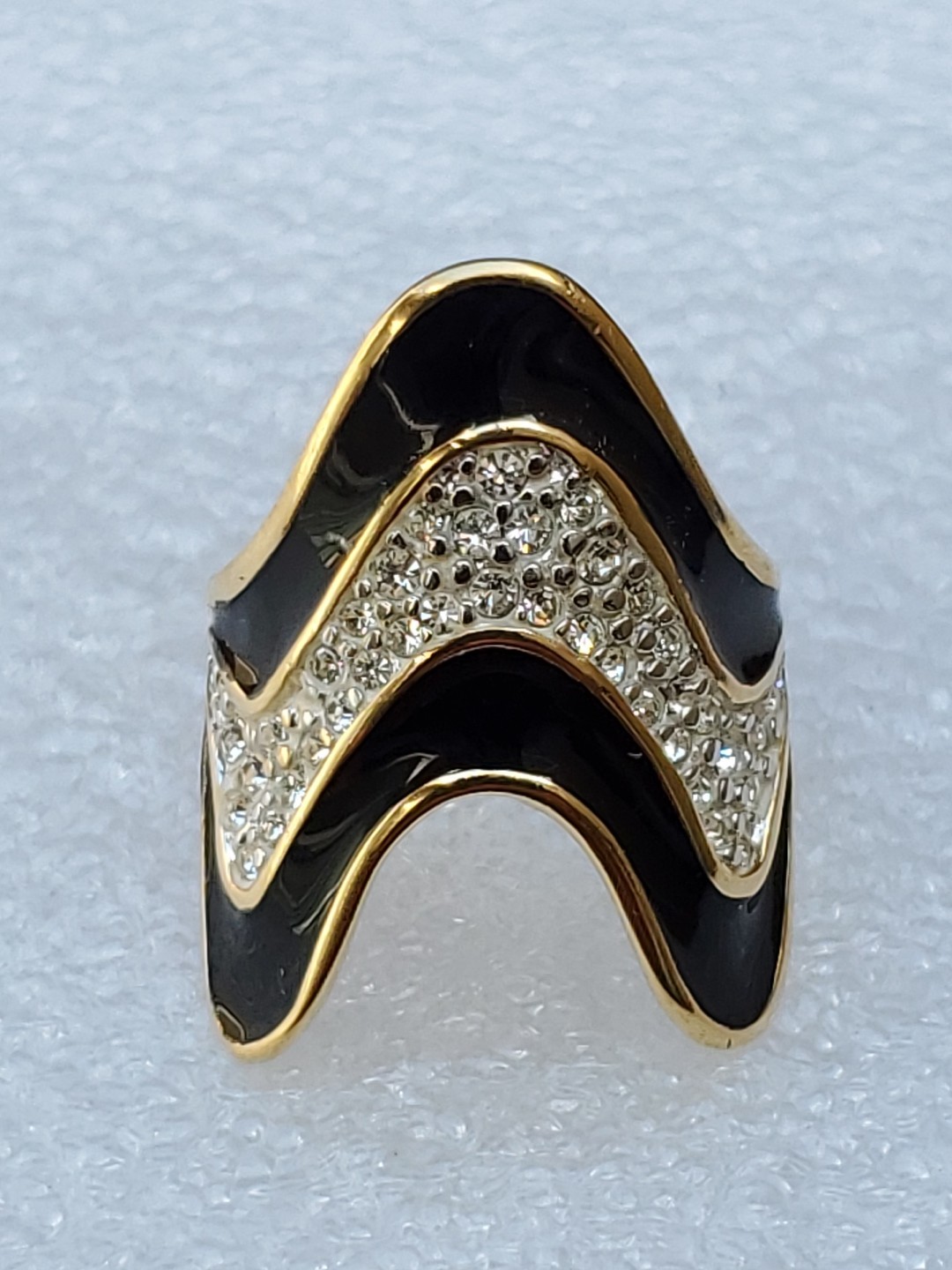 Vintage 18K Yellow Gold Plated Black Enamel And Rhinestones Ring Size 8