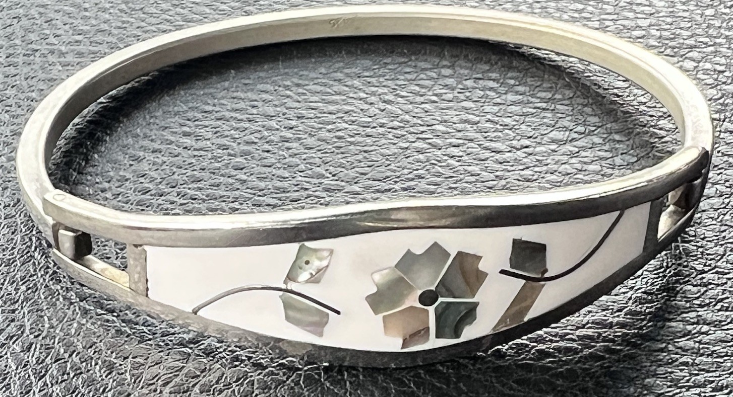 Vintage Silver Bracelet Alpaca Mexico White Floral Hinged Inlay Abalone