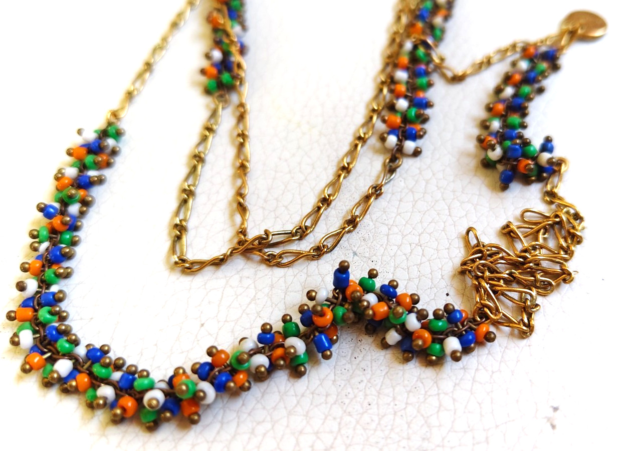 Vintage Carla Perretti Long Gold Chain Seed Bead 3 Wrap Necklace Signed Italy