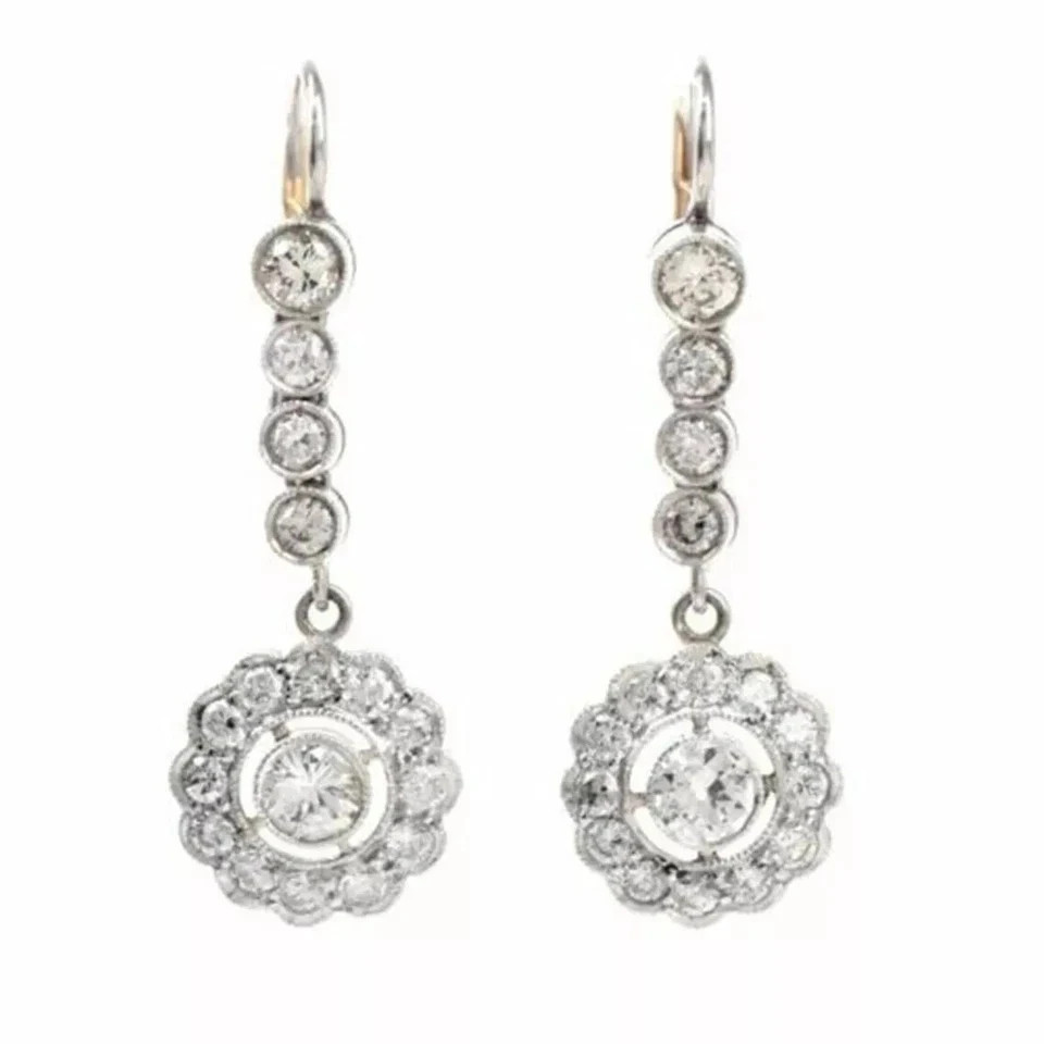 Art Deco Style Lab Created Diamond Floral Anniversary 14K White Gold FN Earrings