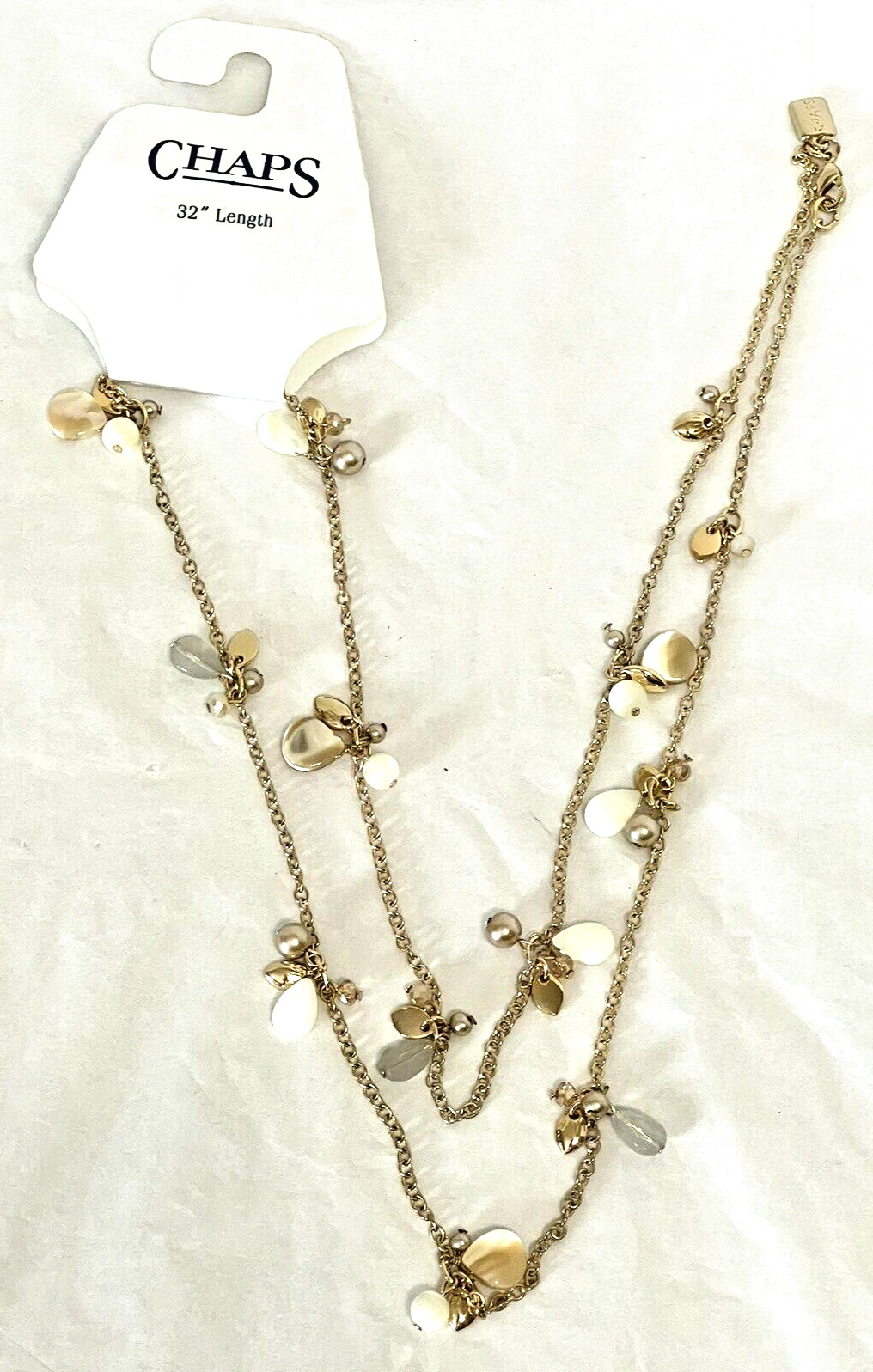 LOT OF 2 NECKLACES GOLD TONE CHAPS VINTAGE CHAIN/BELT MOTHER OF PEARL 32-36 IN