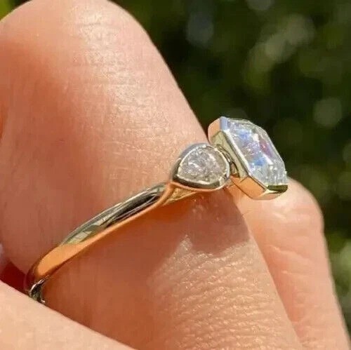 2.50Ct Asscher Lab Created Diamond 3-Stone Anniversary Wedding 14K Gold FN Ring