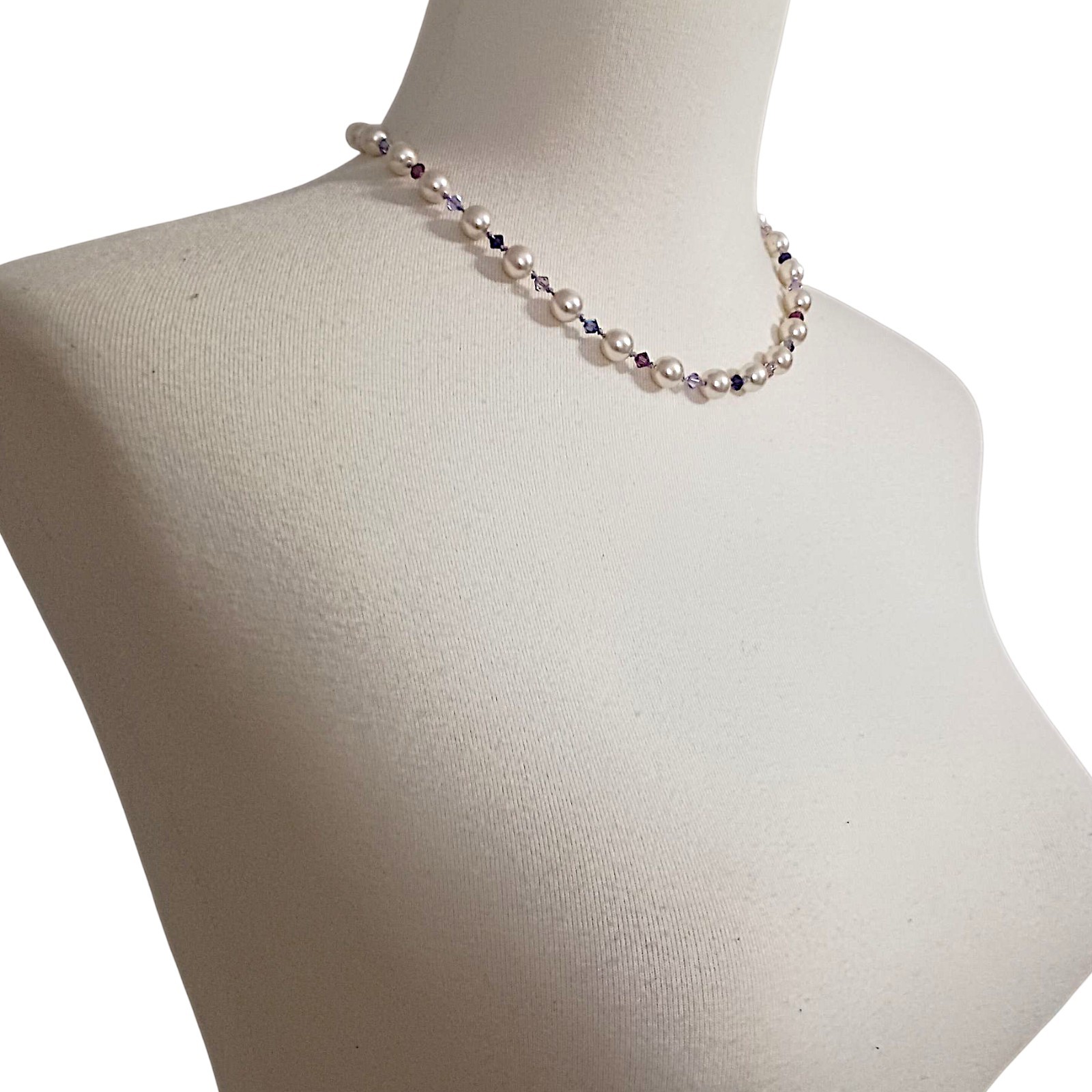 Vintage Purple Crystal Faux Pearl Necklace Beaded Hand Knotted Sterling Silver