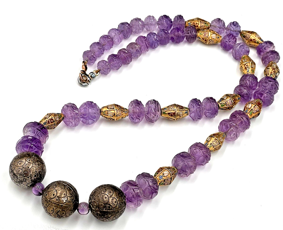 Vtg Chinese Carved Amethyst Bead & Gold Cloisonne Necklace, 168 grams, 30″ Long
