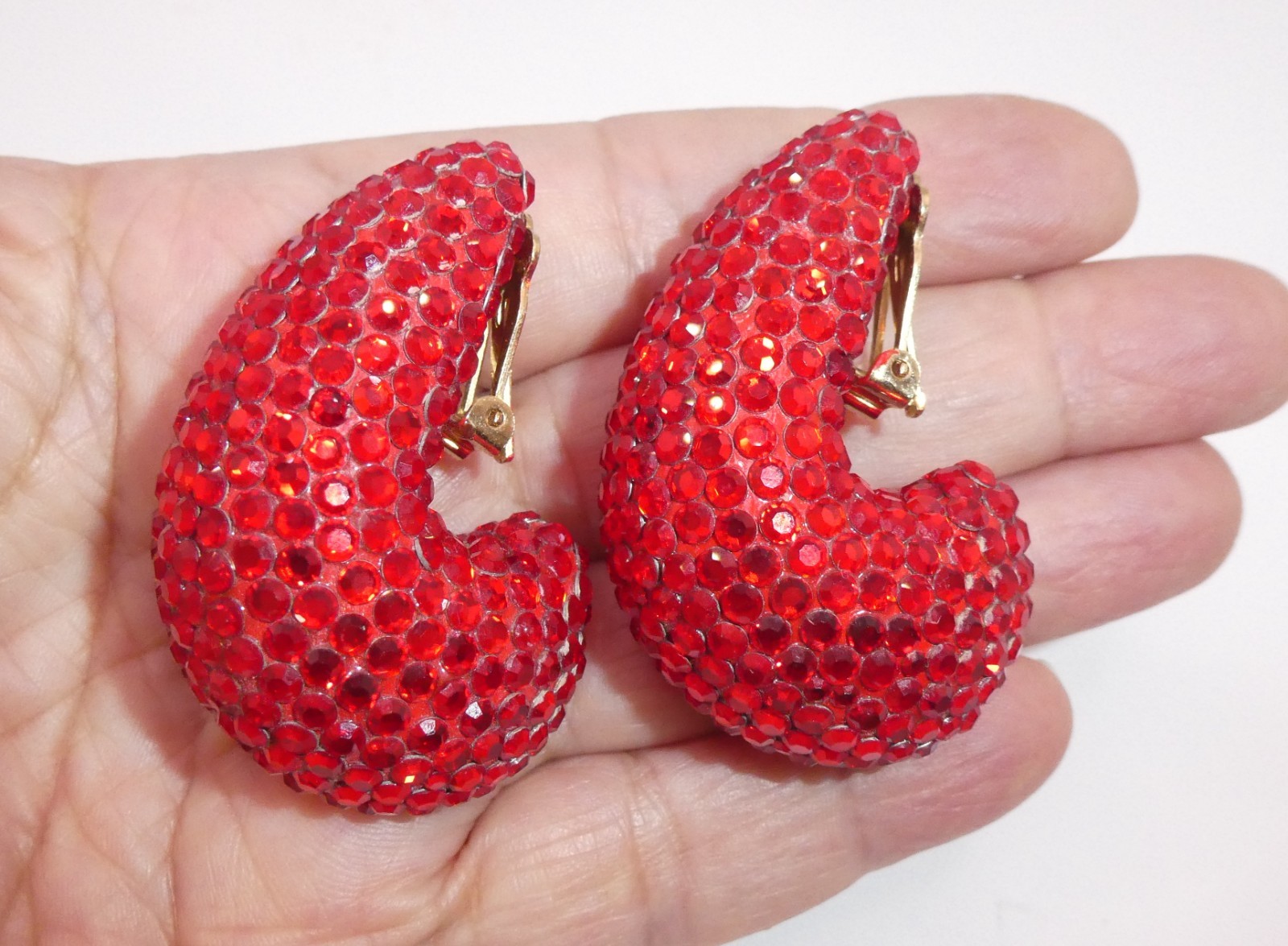 Vintage Richard Kerr RED Crystal Domed Pave Clip On Earrings HUGE Statement 80s