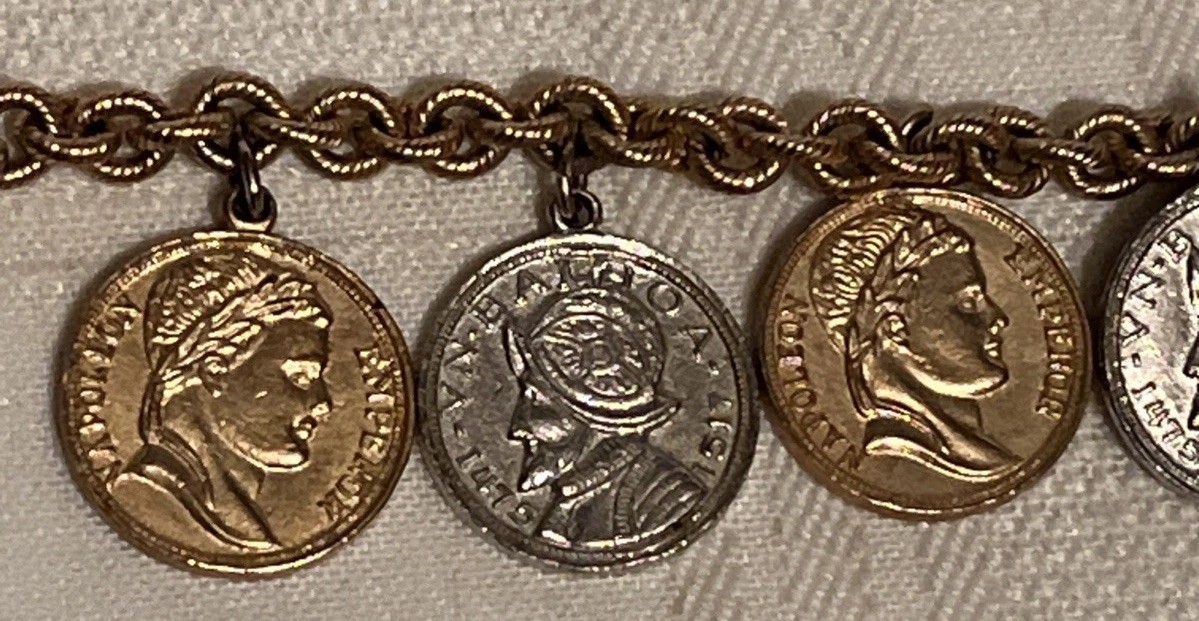 Vintage 1950s Coin Charm Bracelet Napoleon Coins Vasco Nunez de Balboa Coins 8″