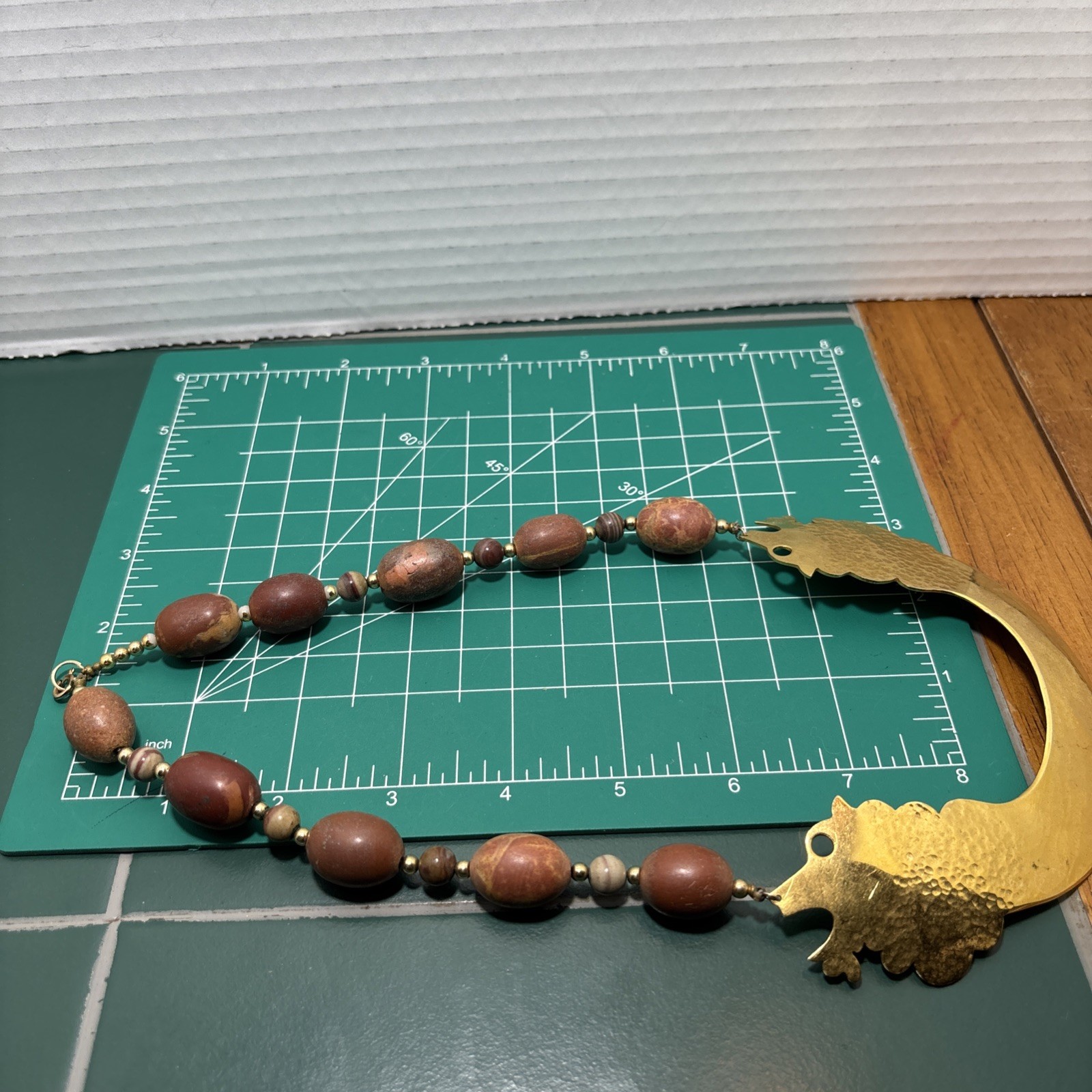 Signed S.H. 1984 Bold Brass Dragon Lion Stone Beaded Necklace 9” Drop