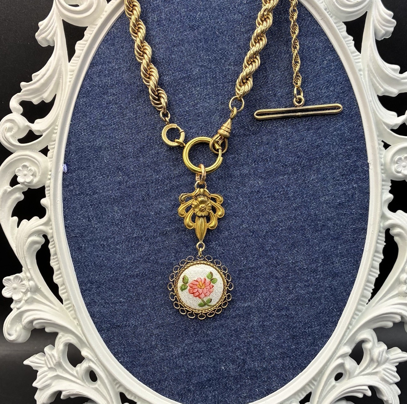 30g Vintage 12k Gold Filled Pocket Watch Chain FOB, Dog Clip T-Bar, GF Guilloche