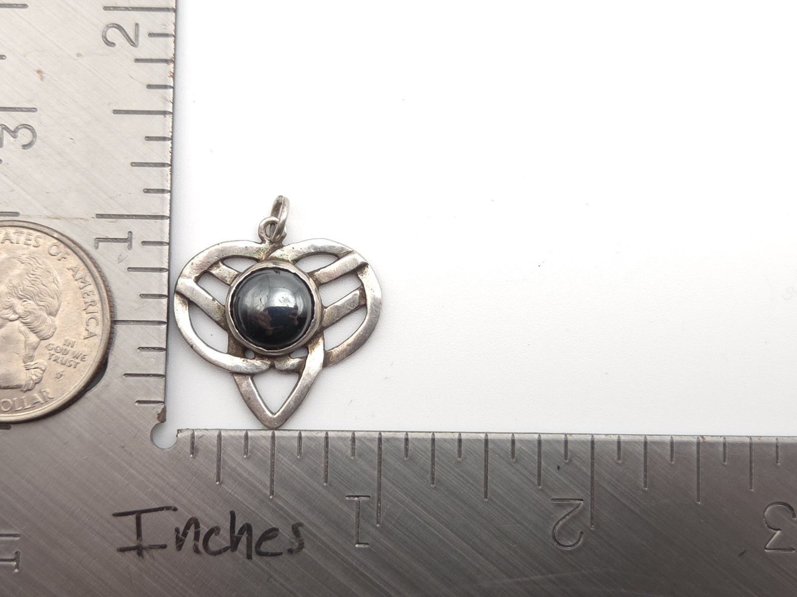 Vintage Sterling Silver Hematite Stone Celtic Knot Heart Pendant for Necklace