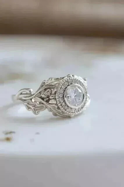 Art Deco Round Cut lab Created Diamond Halo 925 Silver Wedding Engagement Ring