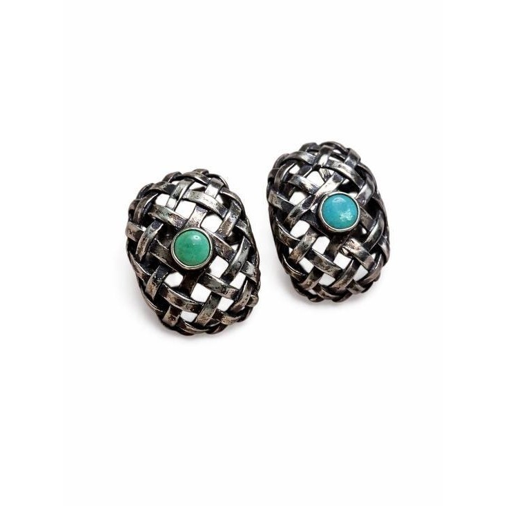 Vintage Sterling Silver Turquoise Screw Back Earrings Basket Weave Lattice 3/4