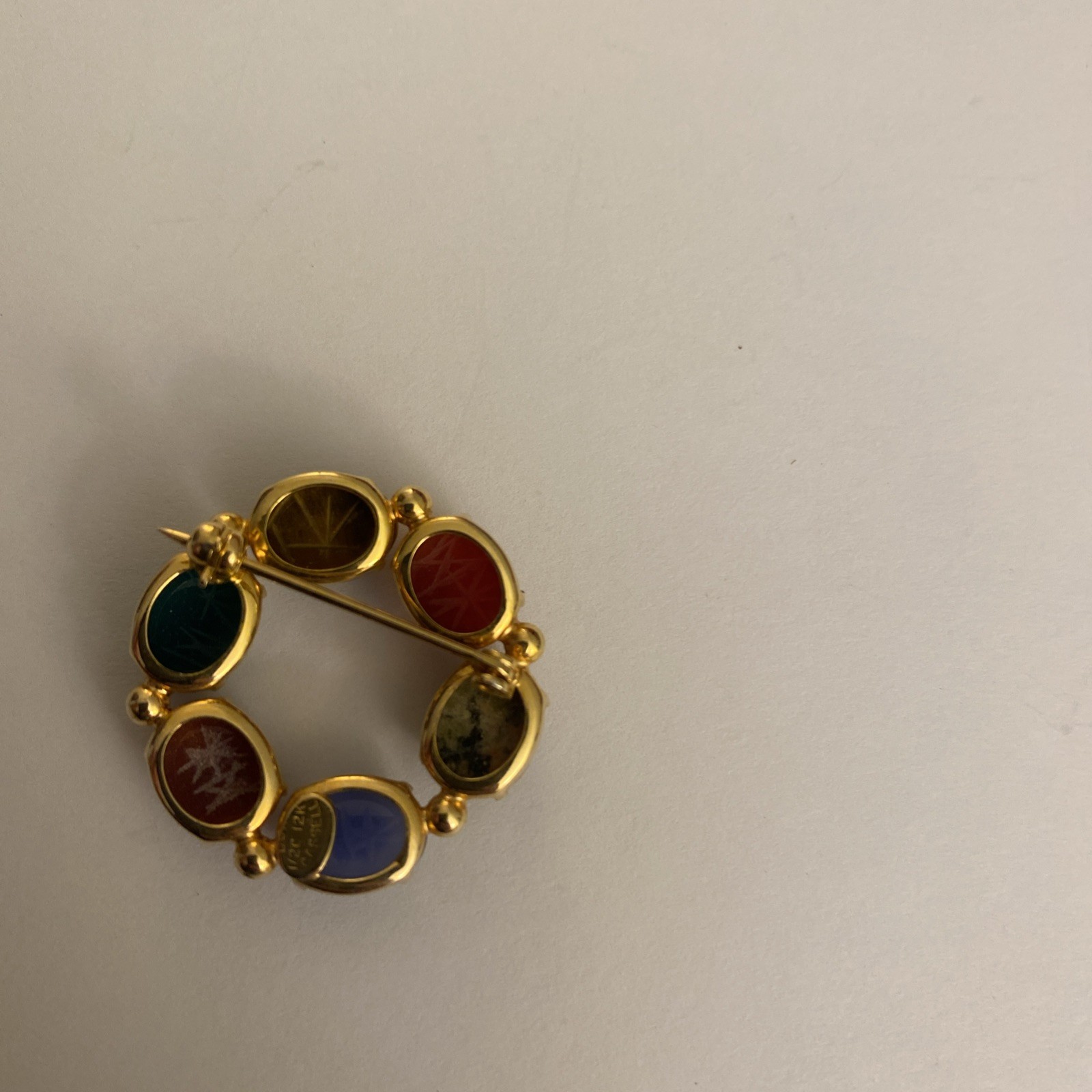 Vintage Scarab Brooch Circle Design Multiple Colored Carved Gemstones