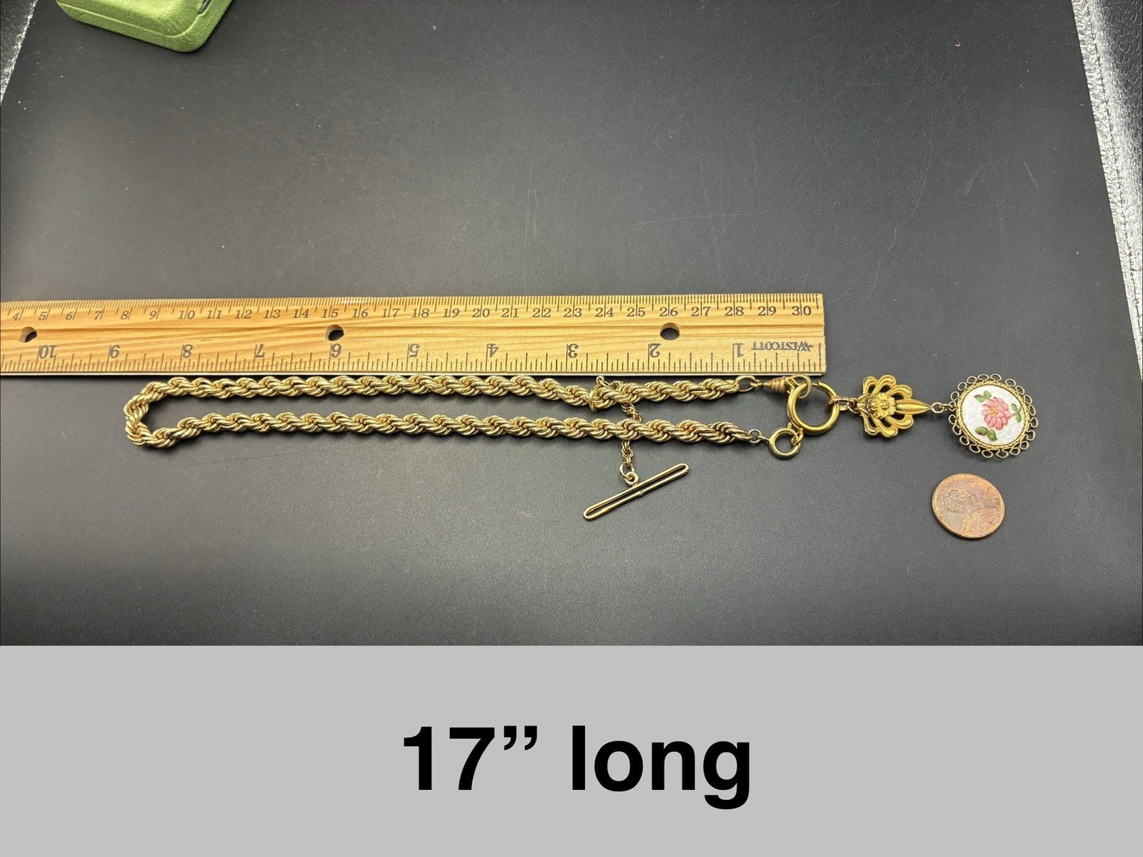 30g Vintage 12k Gold Filled Pocket Watch Chain FOB, Dog Clip T-Bar, GF Guilloche