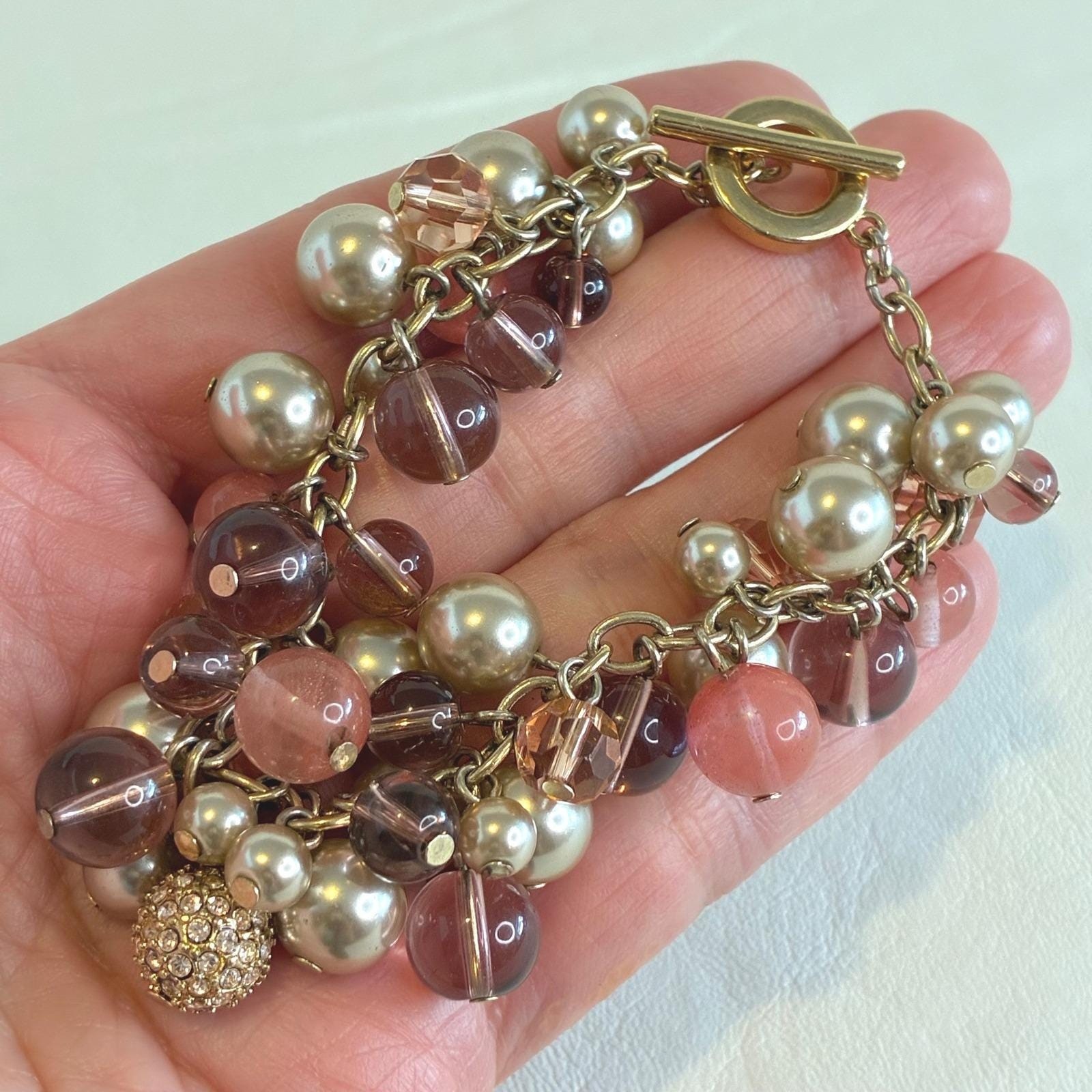 Vintage Carolee Bracelet Gold Tone Faux Pearl Glass Bead Rhinestone Charm Pink