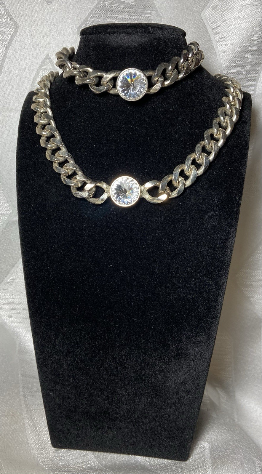 Vintage Curb Link Chain W/Crystal Center Stone Statment Necklace & Bracelet Set