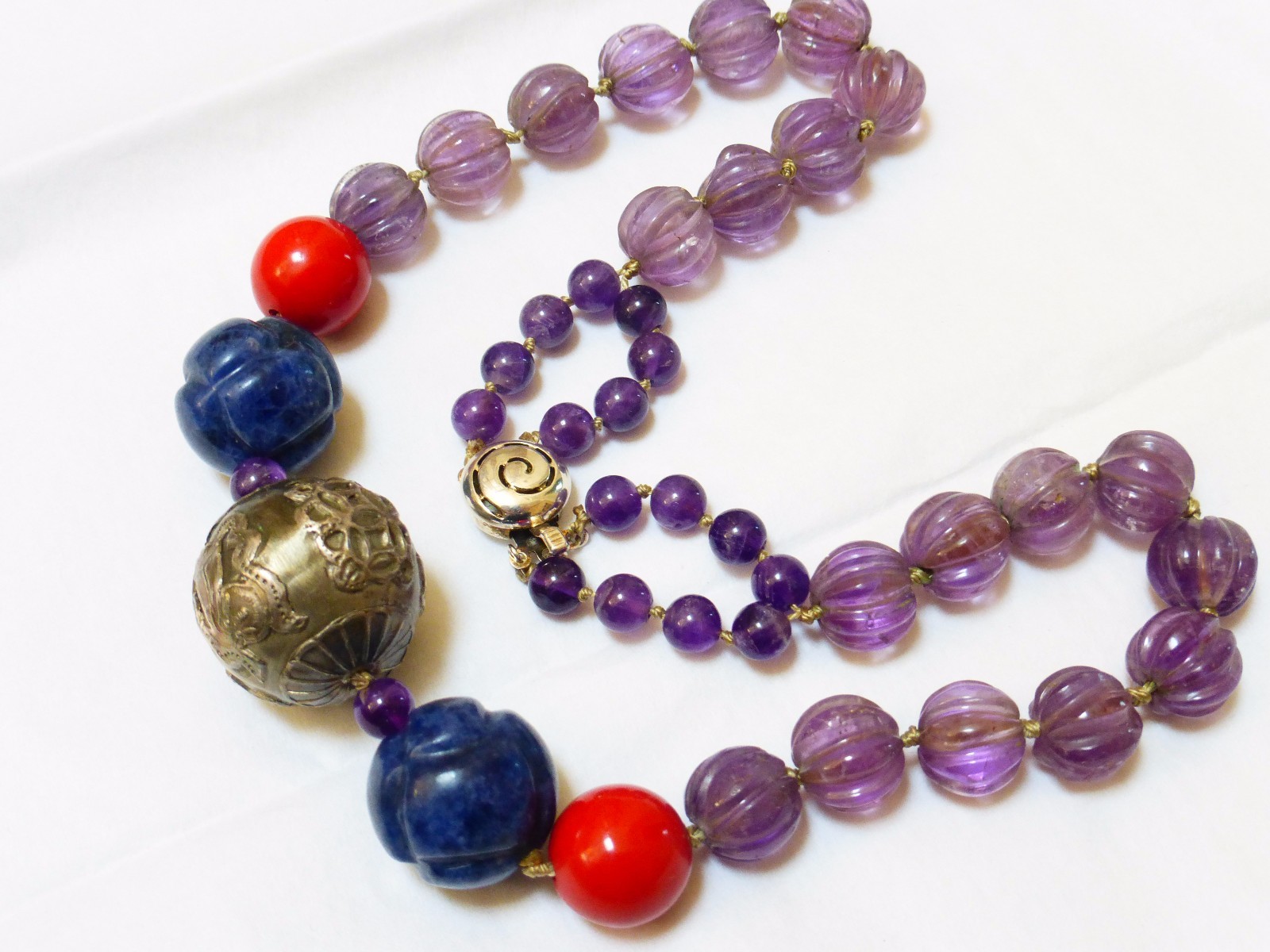Vintage Carved Amethyst, Lapis, Laquer Beads Necklace, Sterling Bead, Clasp